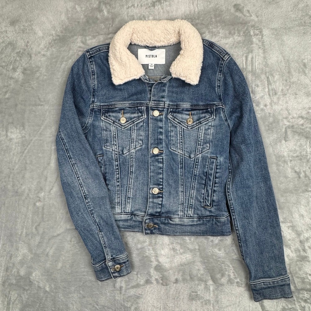 NWOT Pistola Denim Jacket Sherpa Collar‎ Faded Distressed Blue Jean Trucker XS